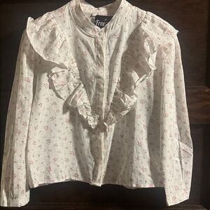 NWT. Olivaceous Women's Floral Ruffle Blouse - Cream and Pink, Size M